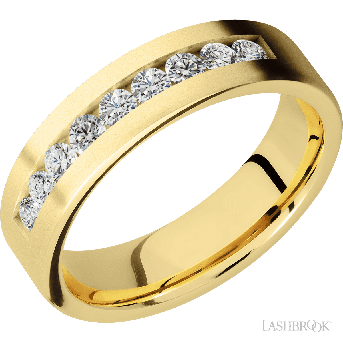 "6 mm wide/Flat/14K Yellow Gold band with an  arrangement of 9, 07 carat Round Diamond stones in a Channel setting"