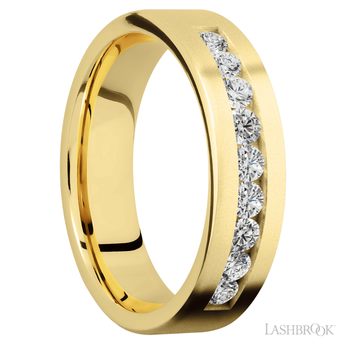 "6 mm wide/Flat/14K Yellow Gold band with an  arrangement of 9, 07 carat Round Diamond stones in a Channel setting"