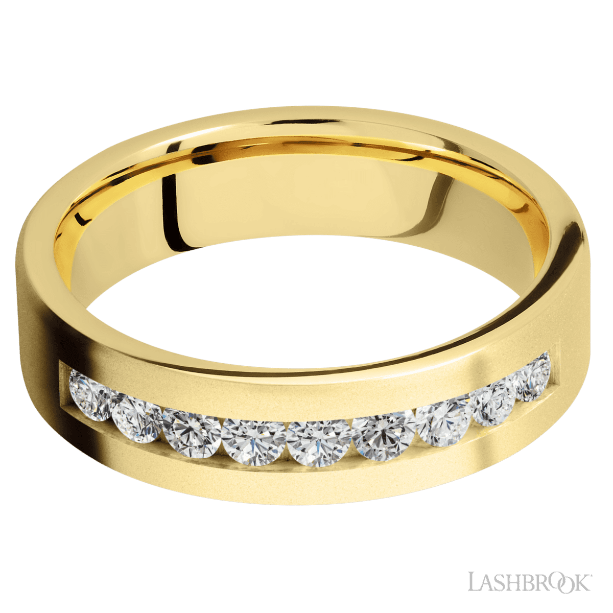 "6 mm wide/Flat/14K Yellow Gold band with an  arrangement of 9, 07 carat Round Diamond stones in a Channel setting"