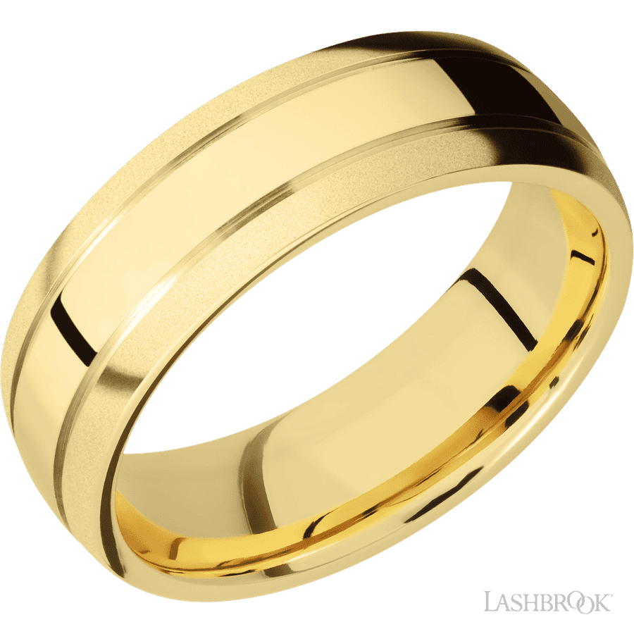7 mm wide Domed with two accent grooves 14K Yellow Gold band