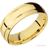 7 mm wide Domed with two accent grooves 14K Yellow Gold band