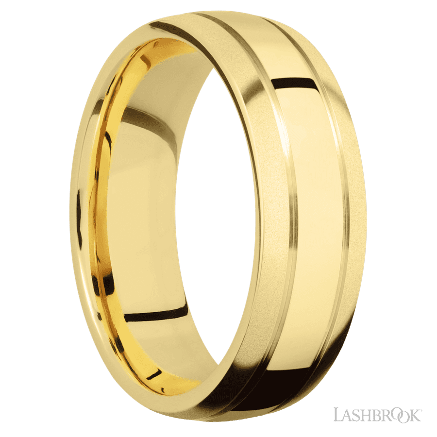 7 mm wide Domed with two accent grooves 14K Yellow Gold band