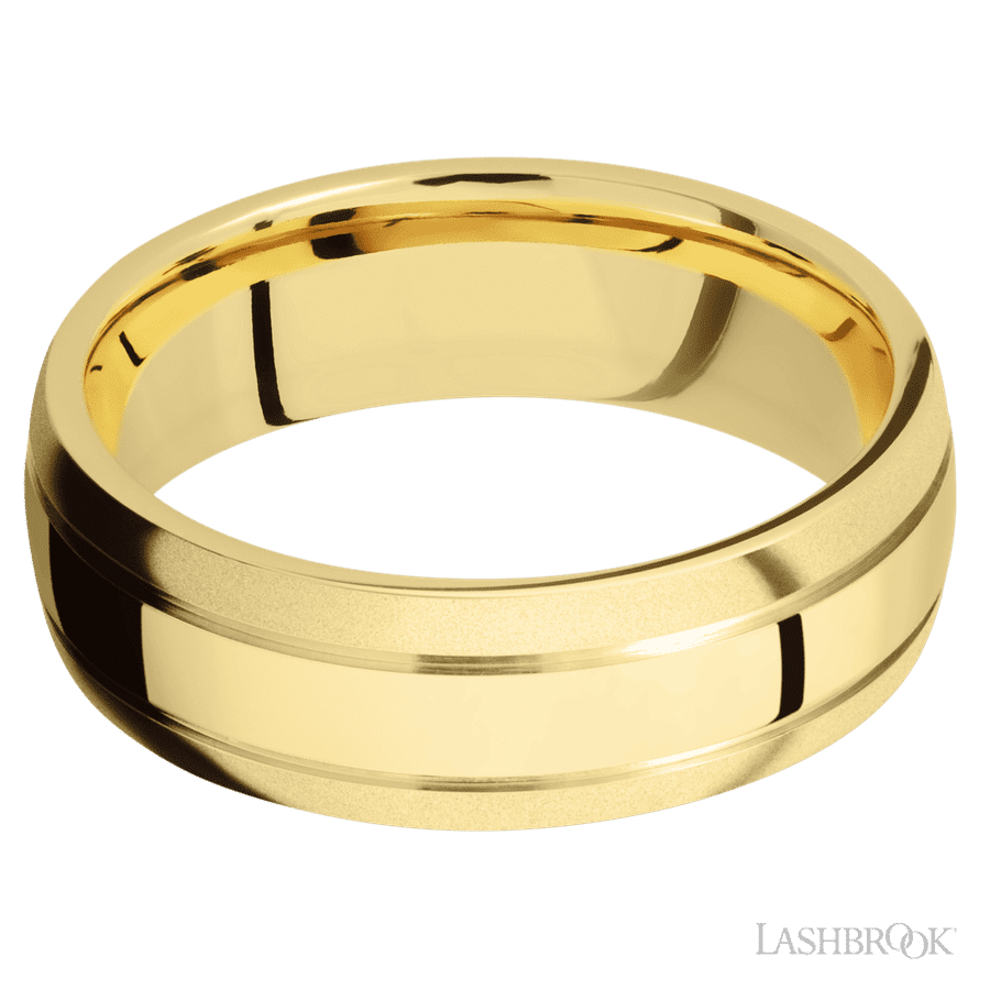 7 mm wide Domed with two accent grooves 14K Yellow Gold band