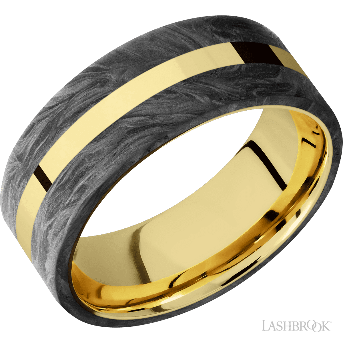 8 mm wide/Flat/14K Yellow Gold band with two 3 mm Double Off Center Edge inlays of Forged Carbon Fiber