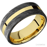8 mm wide/Flat/14K Yellow Gold band with two 3 mm Double Off Center Edge inlays of Forged Carbon Fiber