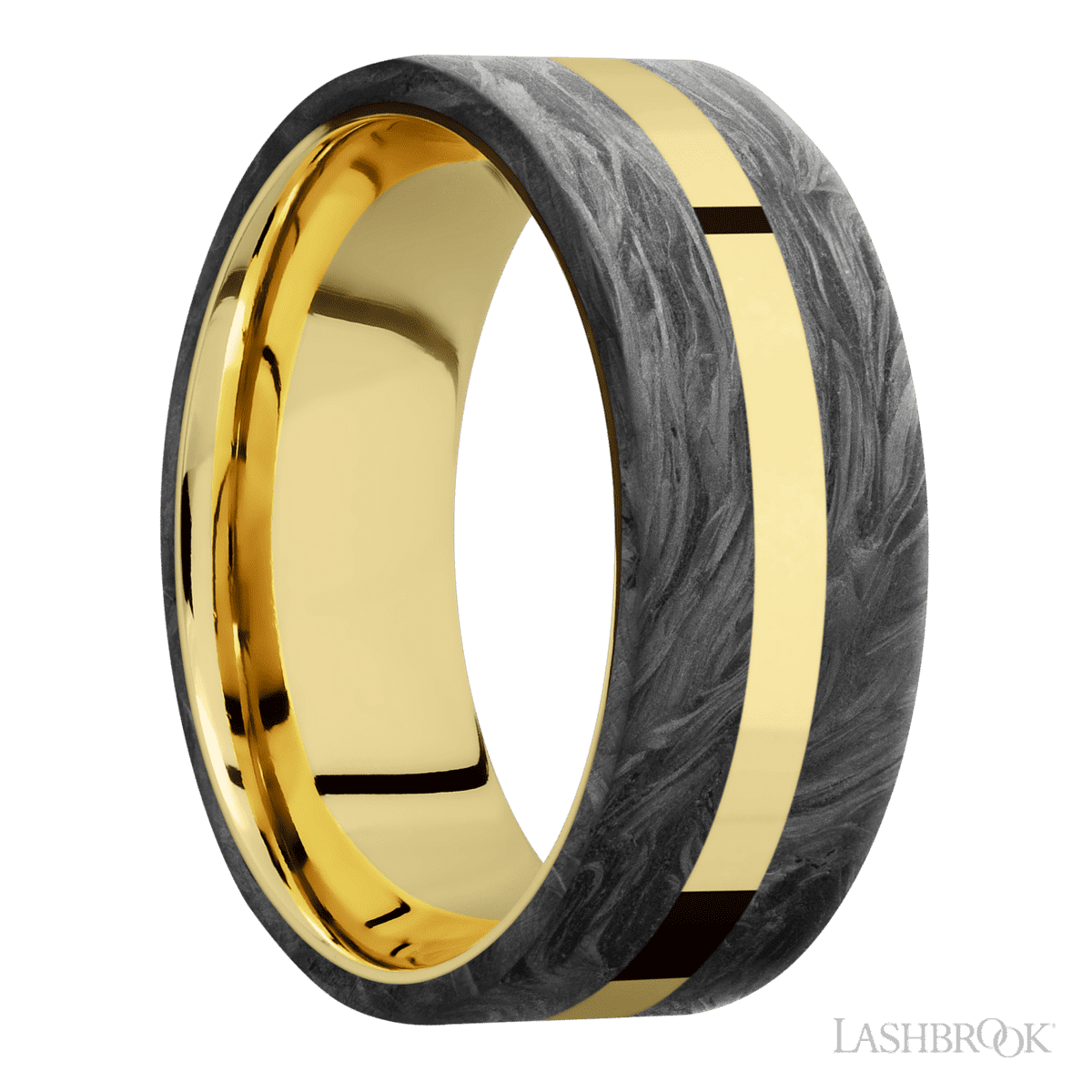 8 mm wide/Flat/14K Yellow Gold band with two 3 mm Double Off Center Edge inlays of Forged Carbon Fiber