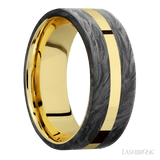 8 mm wide/Flat/14K Yellow Gold band with two 3 mm Double Off Center Edge inlays of Forged Carbon Fiber