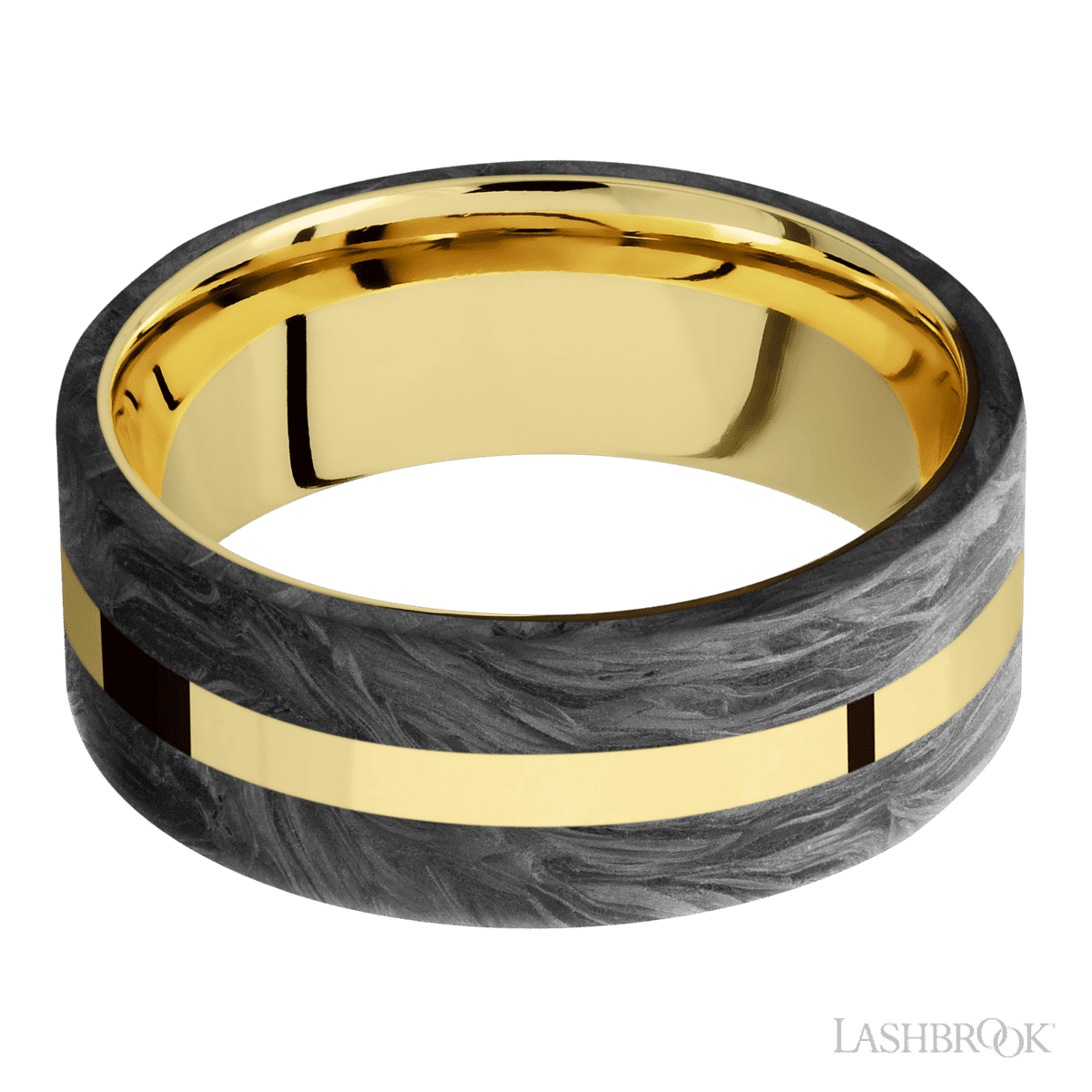 8 mm wide/Flat/14K Yellow Gold band with two 3 mm Double Off Center Edge inlays of Forged Carbon Fiber