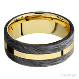 8 mm wide/Flat/14K Yellow Gold band with two 3 mm Double Off Center Edge inlays of Forged Carbon Fiber