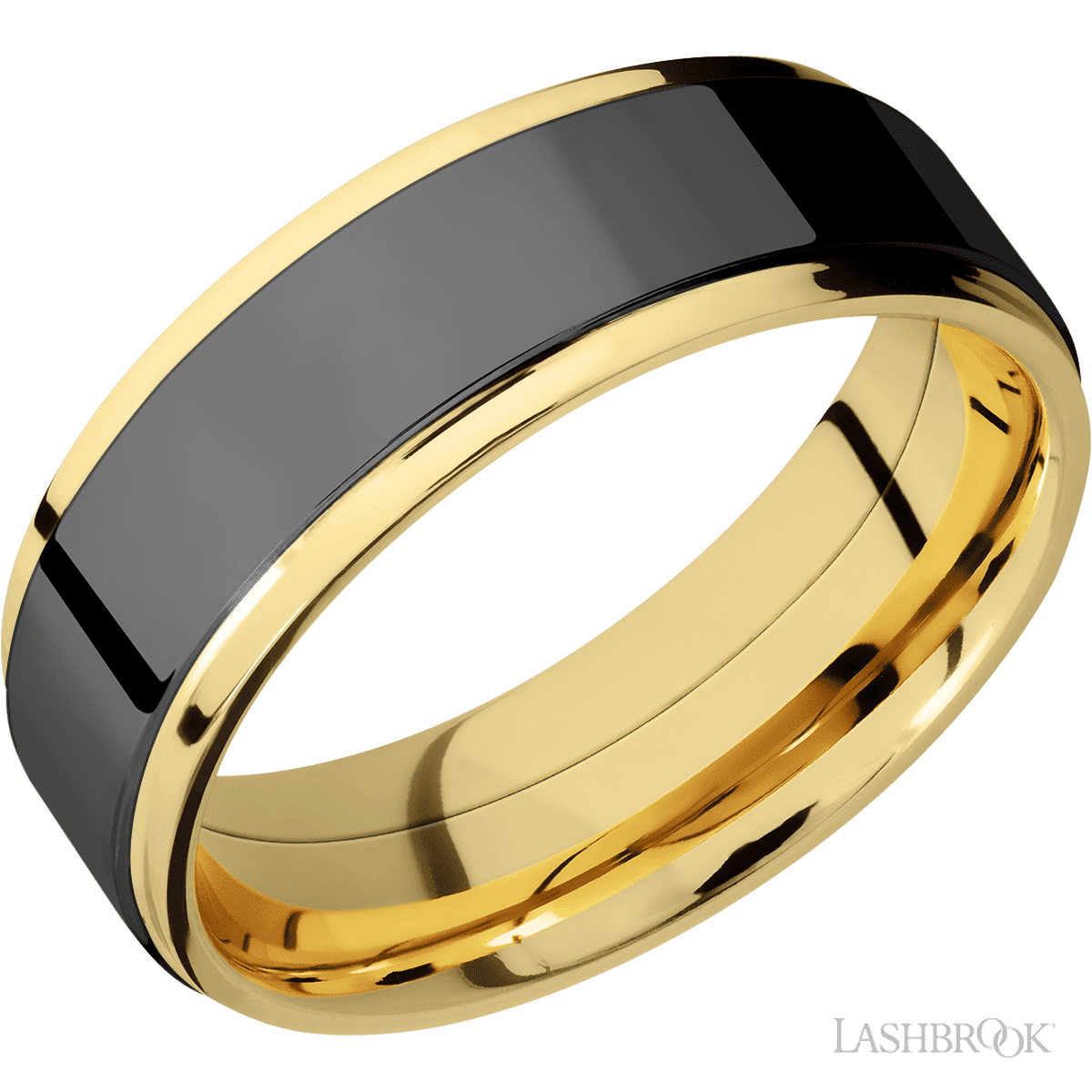 7 mm wide/Flat Grooved Edges/14K Yellow Gold band with one 5 mm Raised Centered inlay of Zirconium
