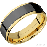 7 mm wide/Flat Grooved Edges/14K Yellow Gold band with one 5 mm Raised Centered inlay of Zirconium