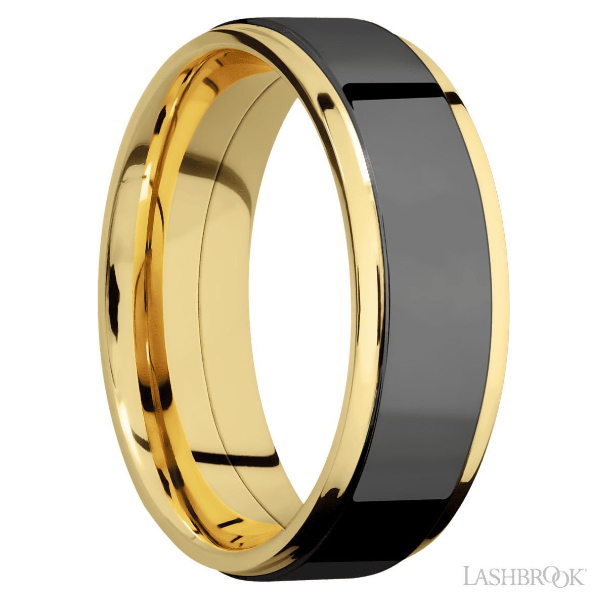 7 mm wide/Flat Grooved Edges/14K Yellow Gold band with one 5 mm Raised Centered inlay of Zirconium