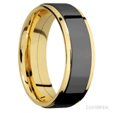 7 mm wide/Flat Grooved Edges/14K Yellow Gold band with one 5 mm Raised Centered inlay of Zirconium