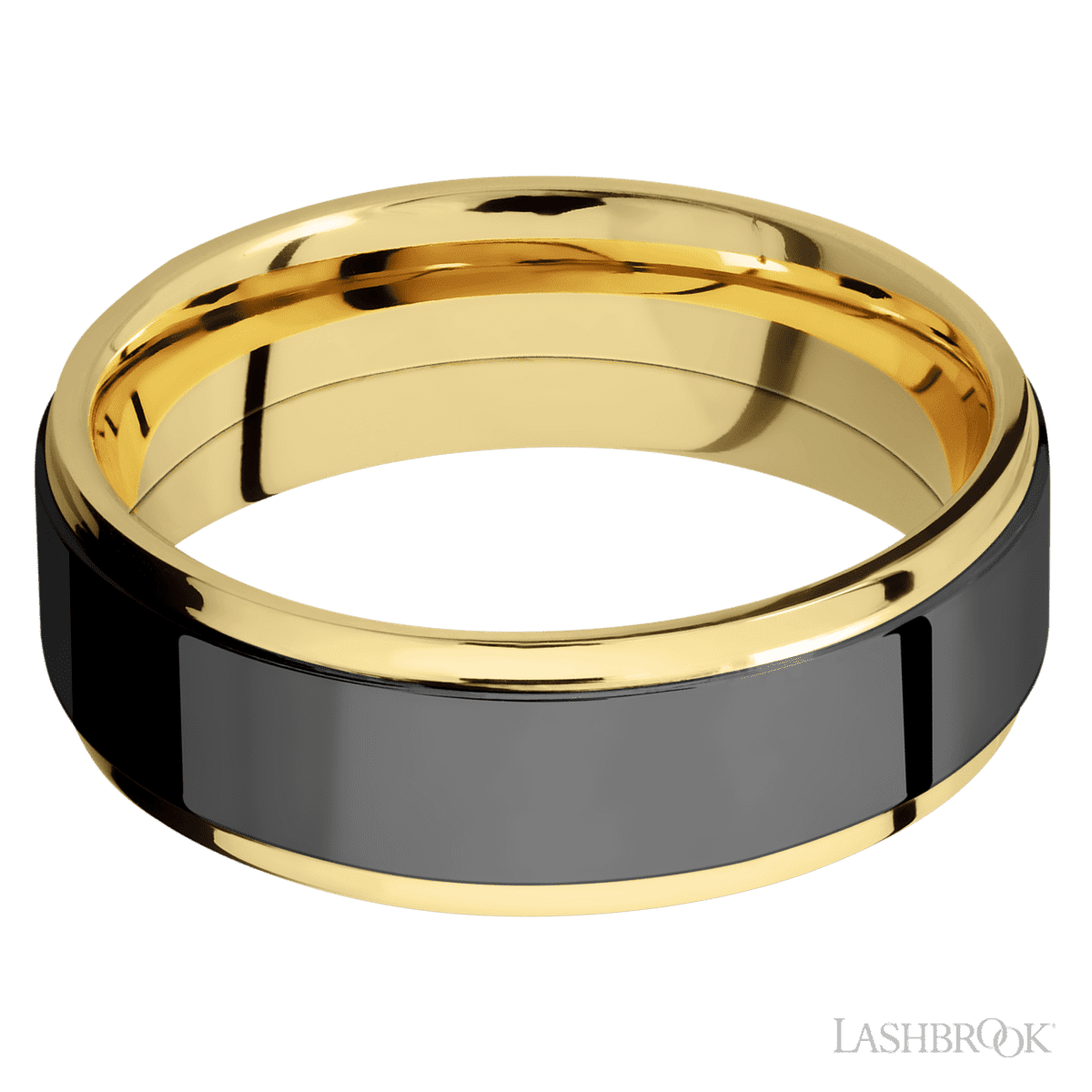 7 mm wide/Flat Grooved Edges/14K Yellow Gold band with one 5 mm Raised Centered inlay of Zirconium