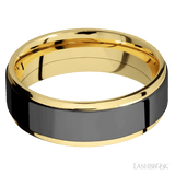 7 mm wide/Flat Grooved Edges/14K Yellow Gold band with one 5 mm Raised Centered inlay of Zirconium