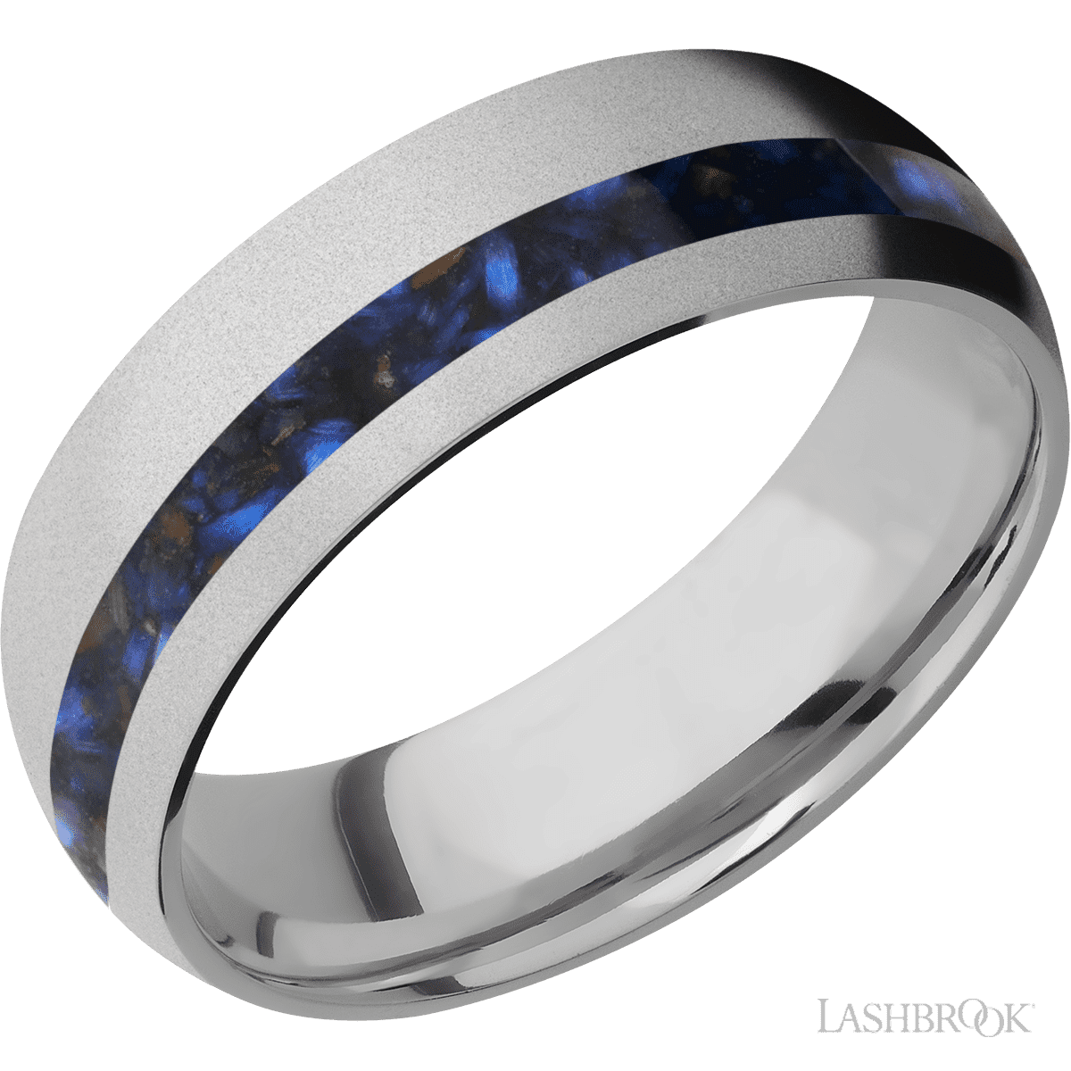 7 mm wide/Domed/Titanium band with one 2 mm Off Center inlay of Blue Tiger Eye