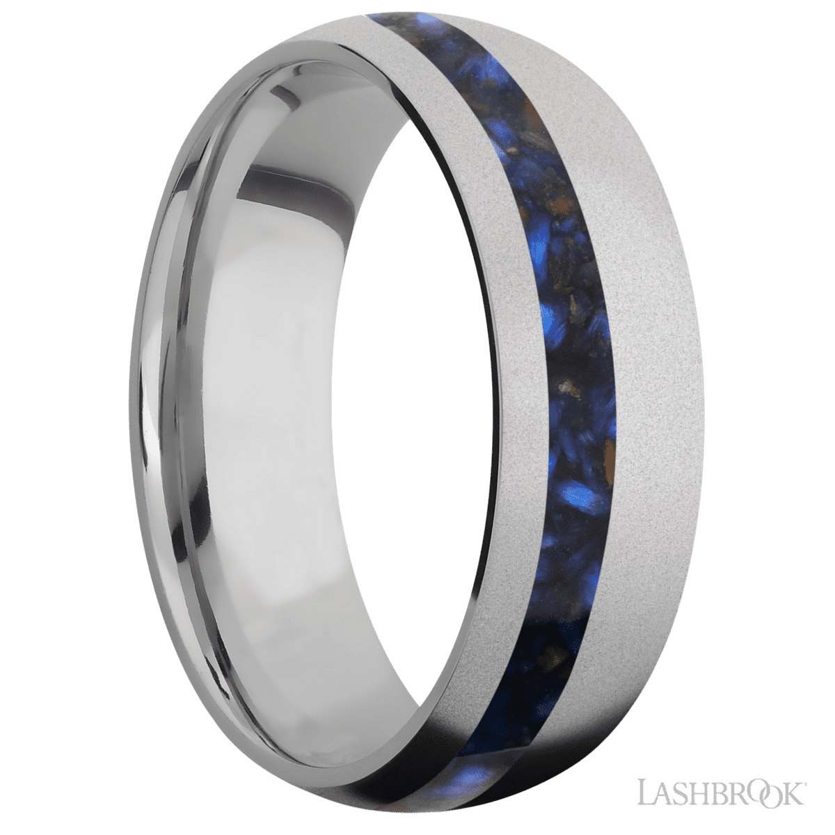 7 mm wide/Domed/Titanium band with one 2 mm Off Center inlay of Blue Tiger Eye