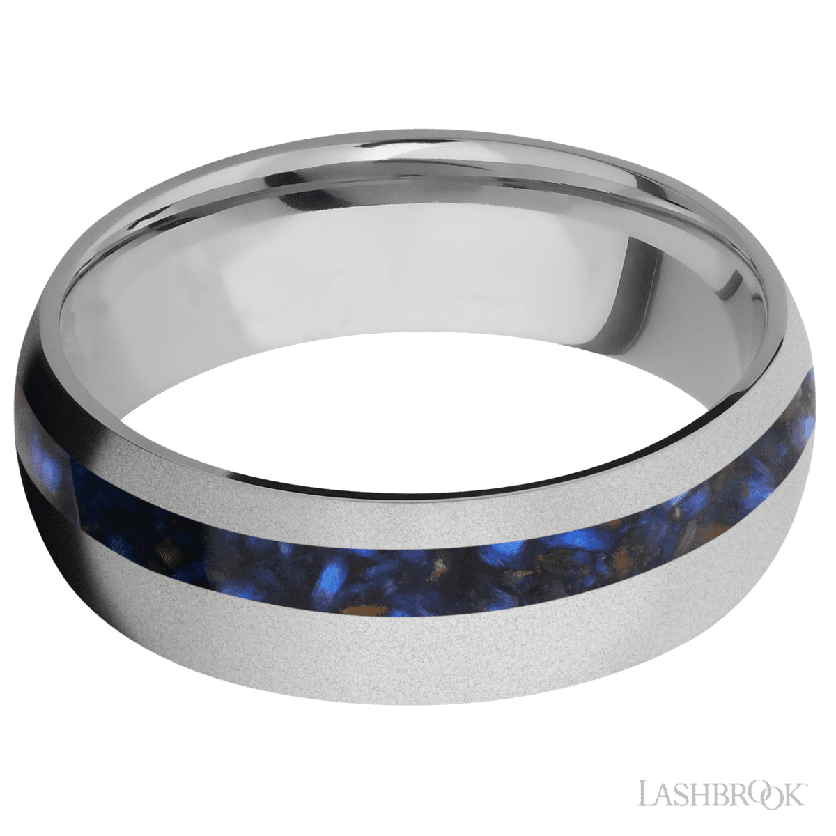 7 mm wide/Domed/Titanium band with one 2 mm Off Center inlay of Blue Tiger Eye