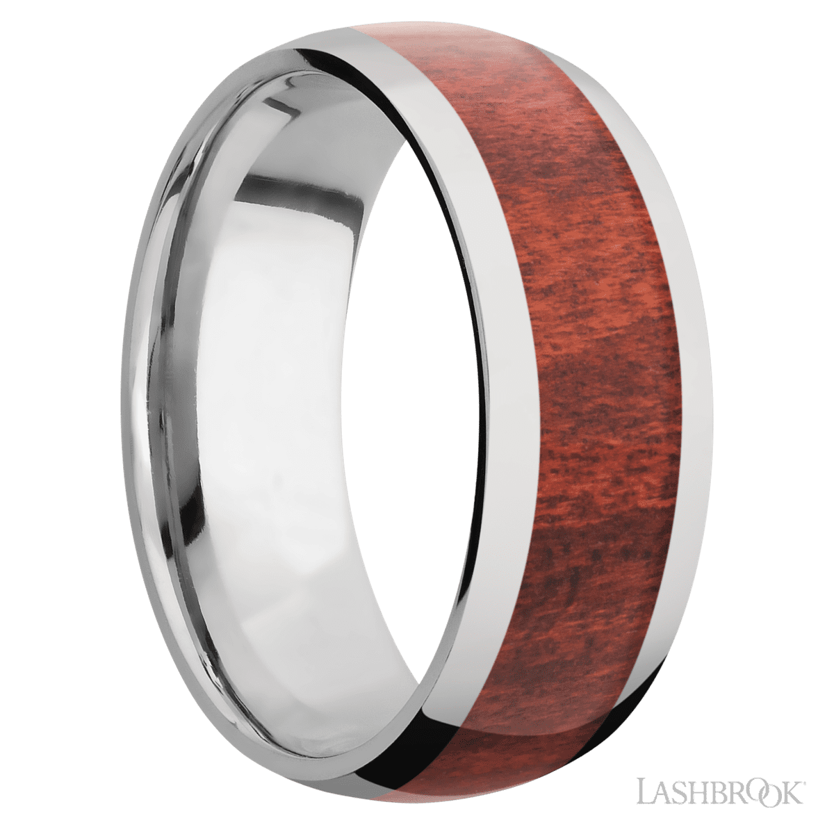 8 mm wide/Domed/Titanium band with one 5 mm Centered inlay of Red Heart