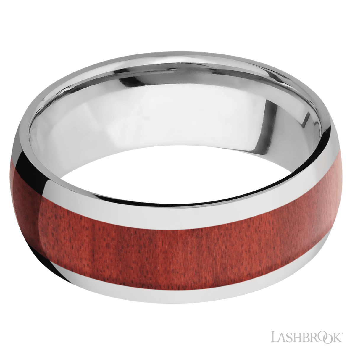 8 mm wide/Domed/Titanium band with one 5 mm Centered inlay of Red Heart