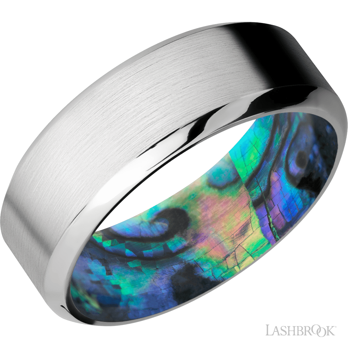 8 mm wide High Bevel Cobalt Chrome band featuring a Abalone sleeve