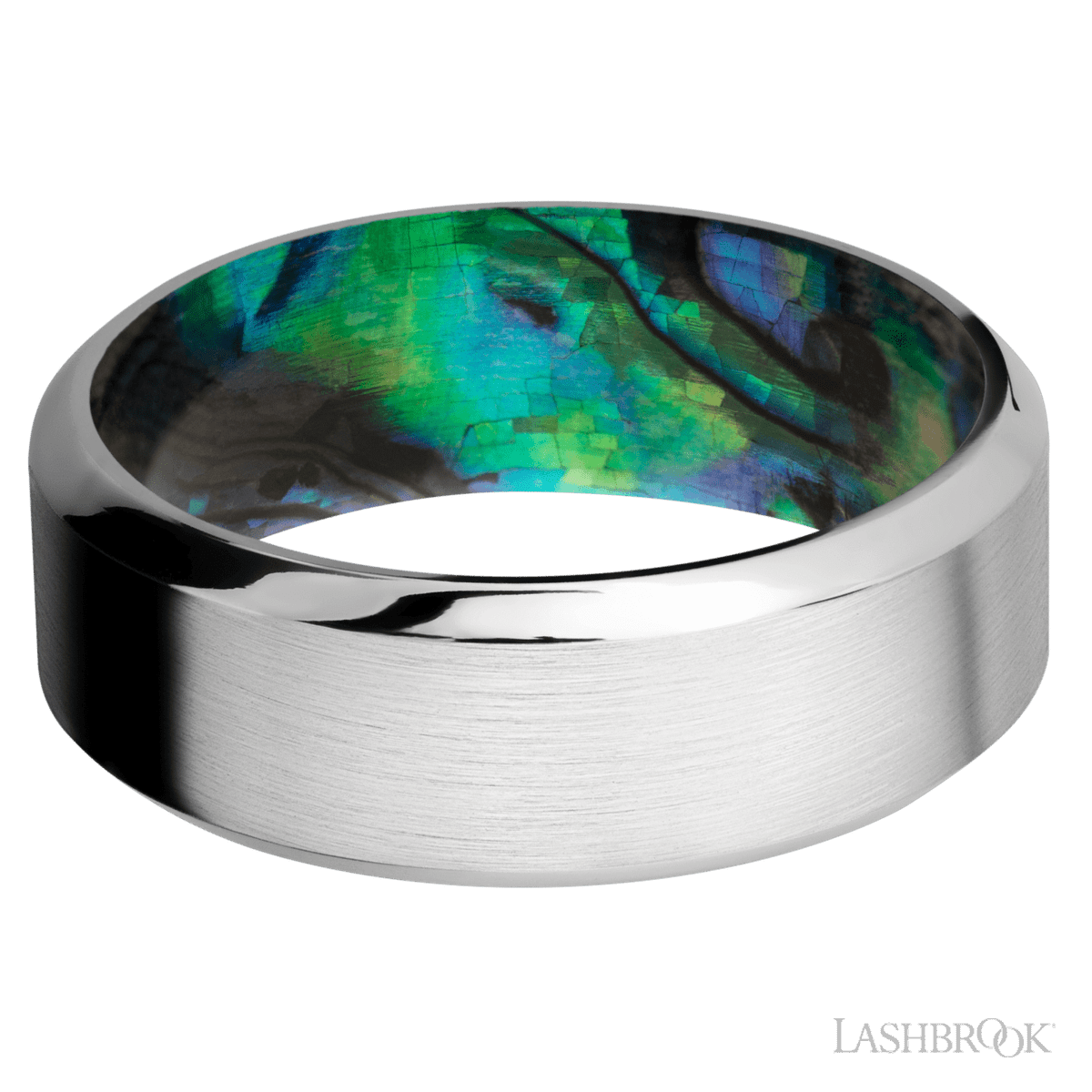 8 mm wide High Bevel Cobalt Chrome band featuring a Abalone sleeve