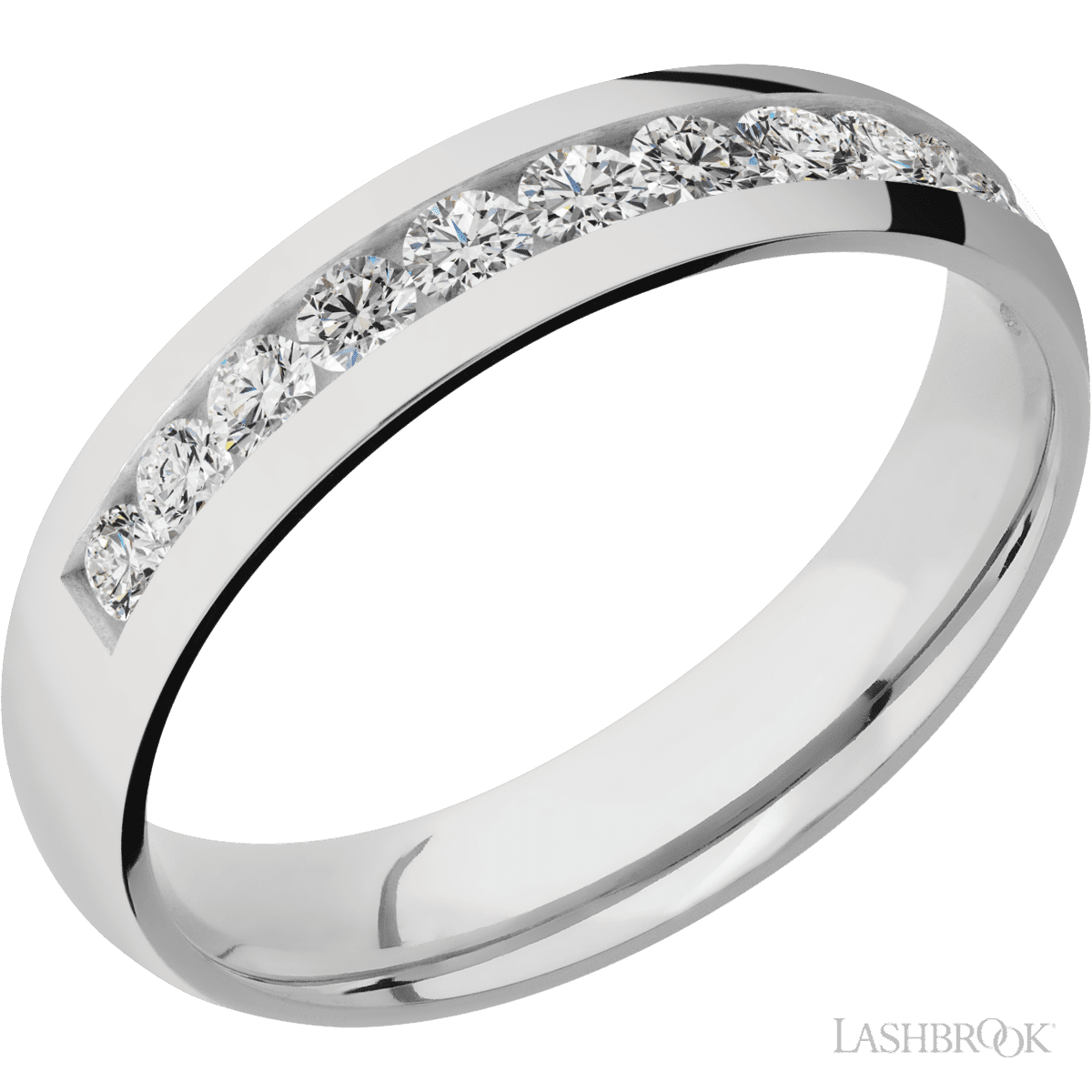 5 mm wide/Domed/Cobalt Chrome band with a Half Eternity arrangement of 07 carat Round Diamond stones in a Channel setting