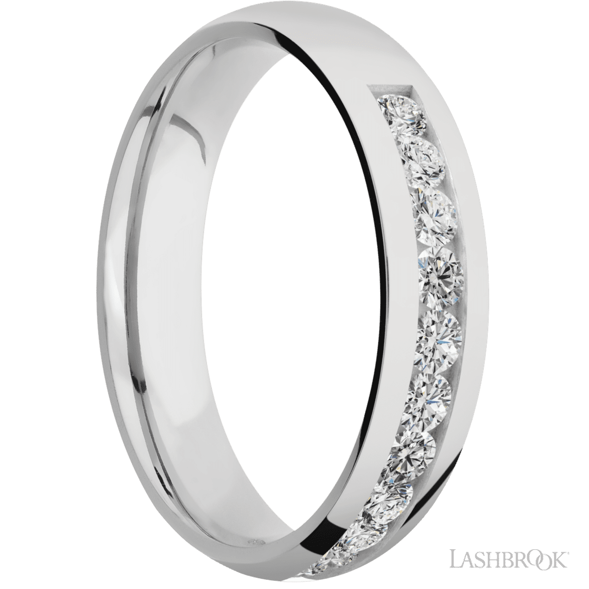 5 mm wide/Domed/Cobalt Chrome band with a Half Eternity arrangement of 07 carat Round Diamond stones in a Channel setting