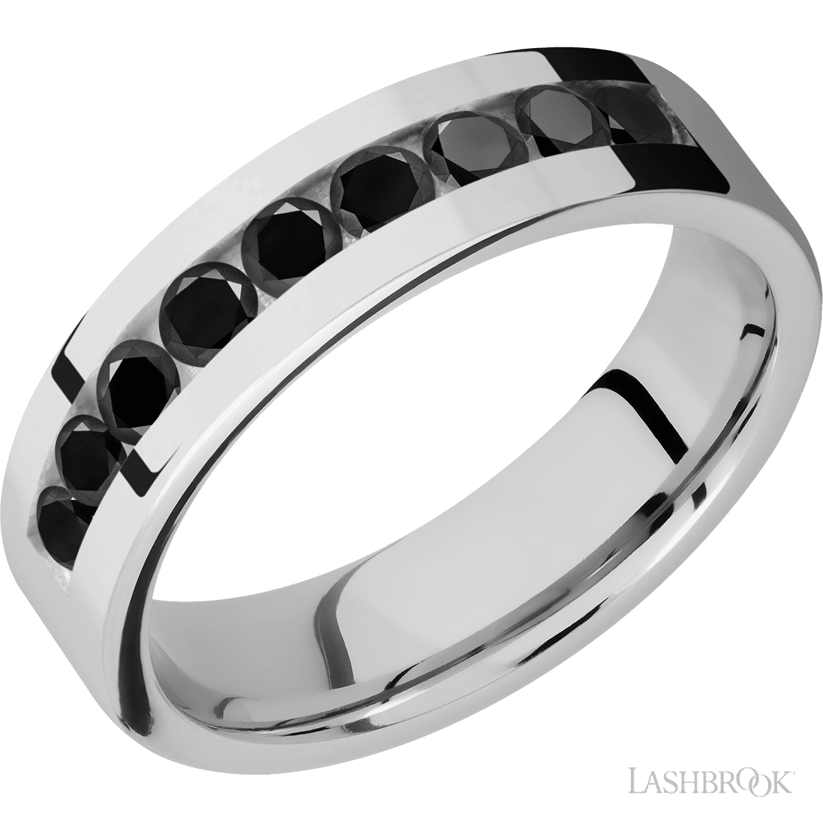 "6 mm wide/Flat/Cobalt Chrome band with an  arrangement of 9, 1 carat Round Black Diamond stones in a Channel setting"