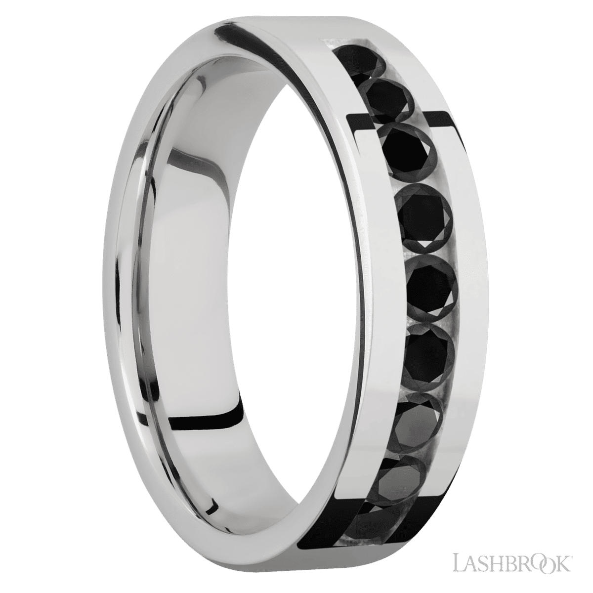 "6 mm wide/Flat/Cobalt Chrome band with an  arrangement of 9, 1 carat Round Black Diamond stones in a Channel setting"