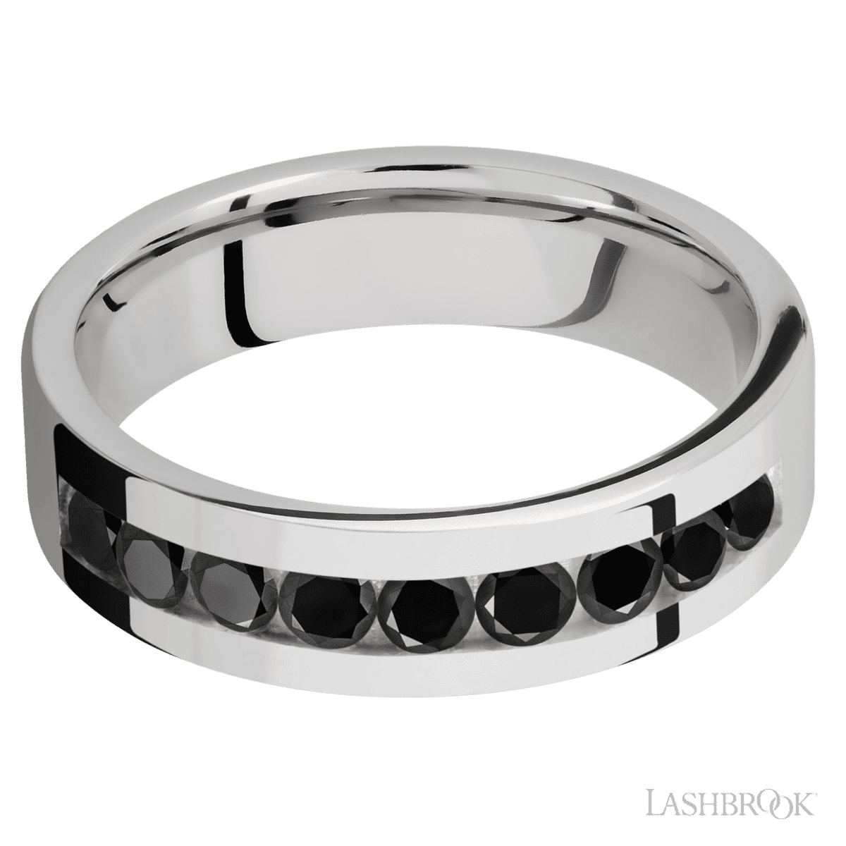 "6 mm wide/Flat/Cobalt Chrome band with an  arrangement of 9, 1 carat Round Black Diamond stones in a Channel setting"