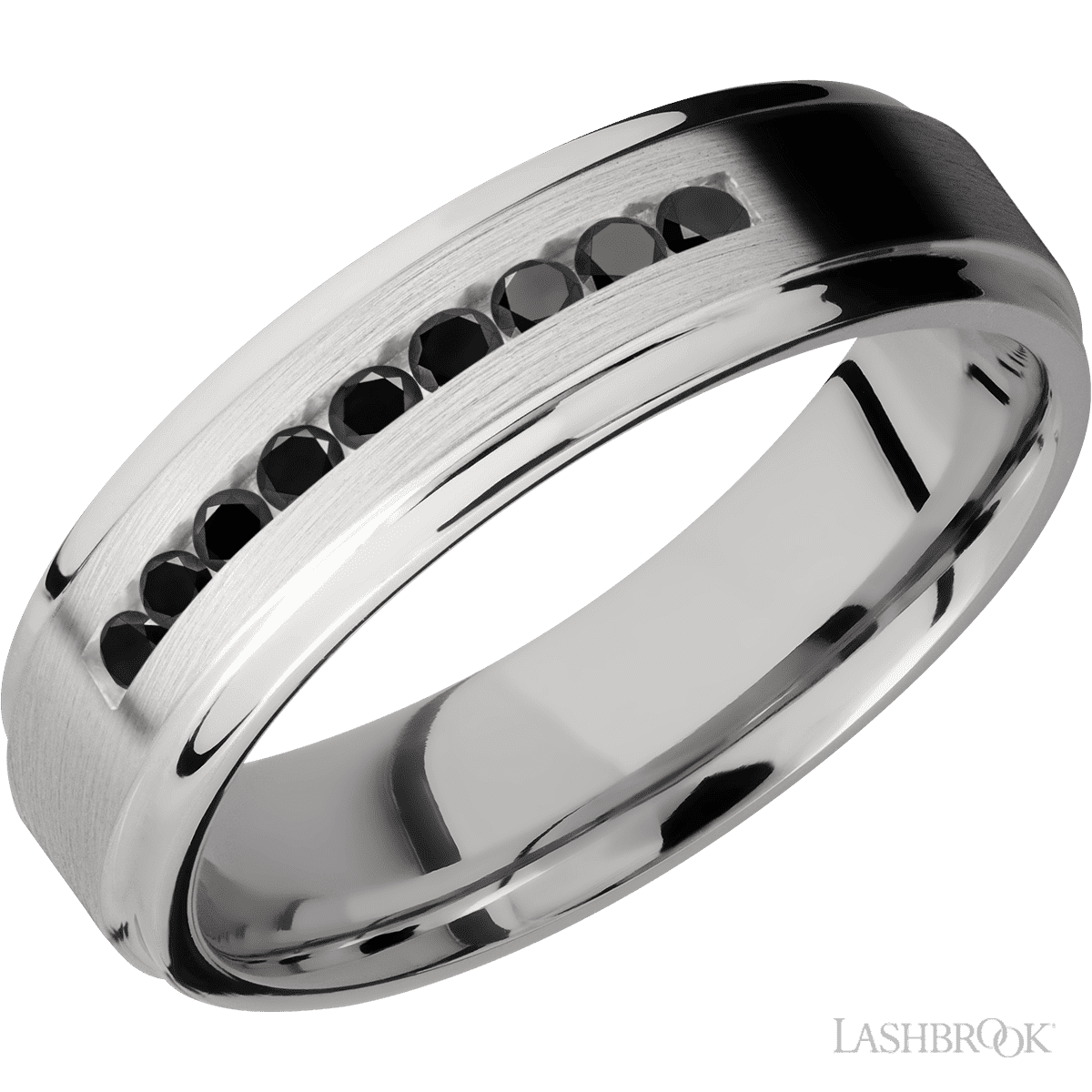 "6 mm wide/Flat Grooved Edges/Cobalt Chrome band with an  arrangement of 9, 03 carat Round Black Diamond stones in a Channel setting"
