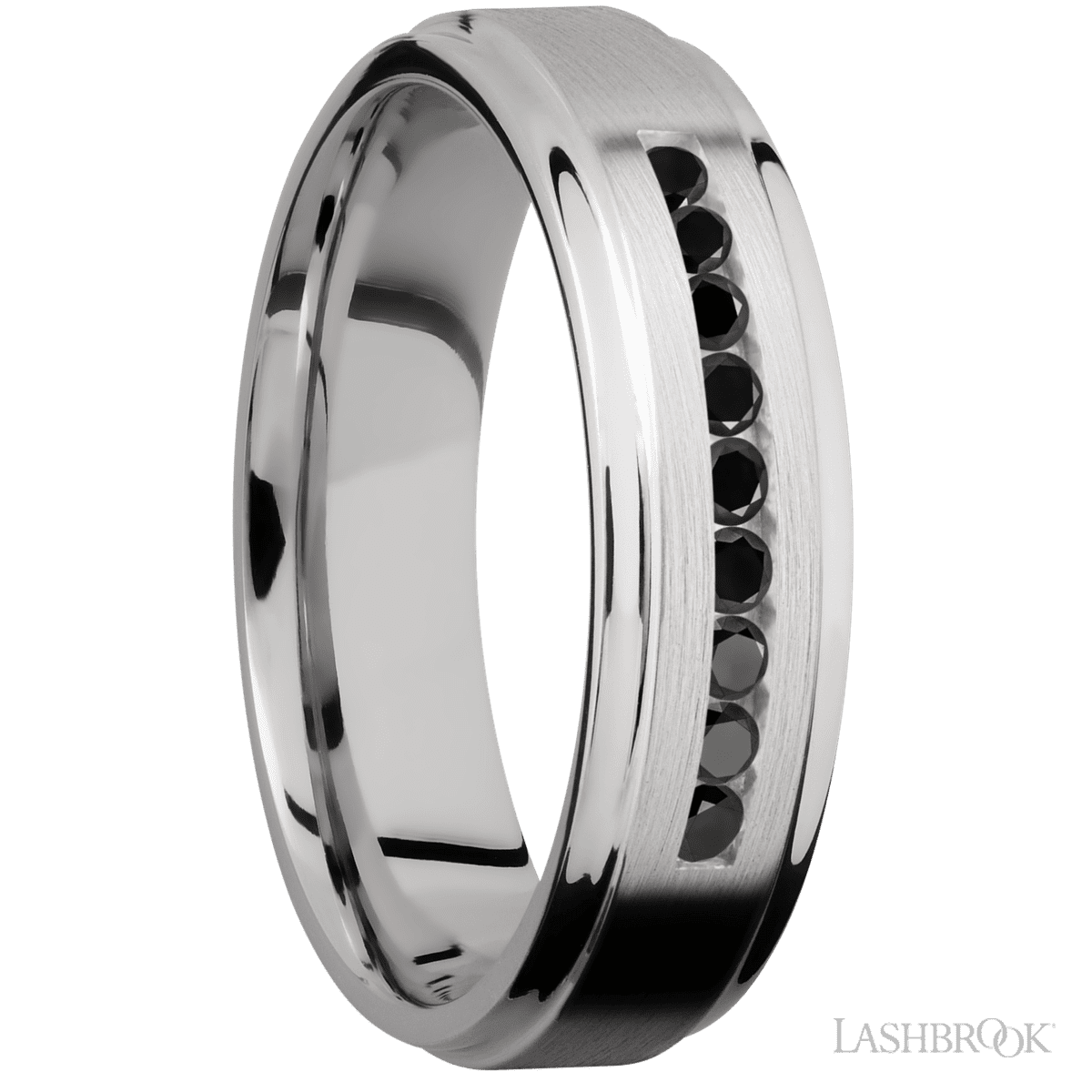 "6 mm wide/Flat Grooved Edges/Cobalt Chrome band with an  arrangement of 9, 03 carat Round Black Diamond stones in a Channel setting"