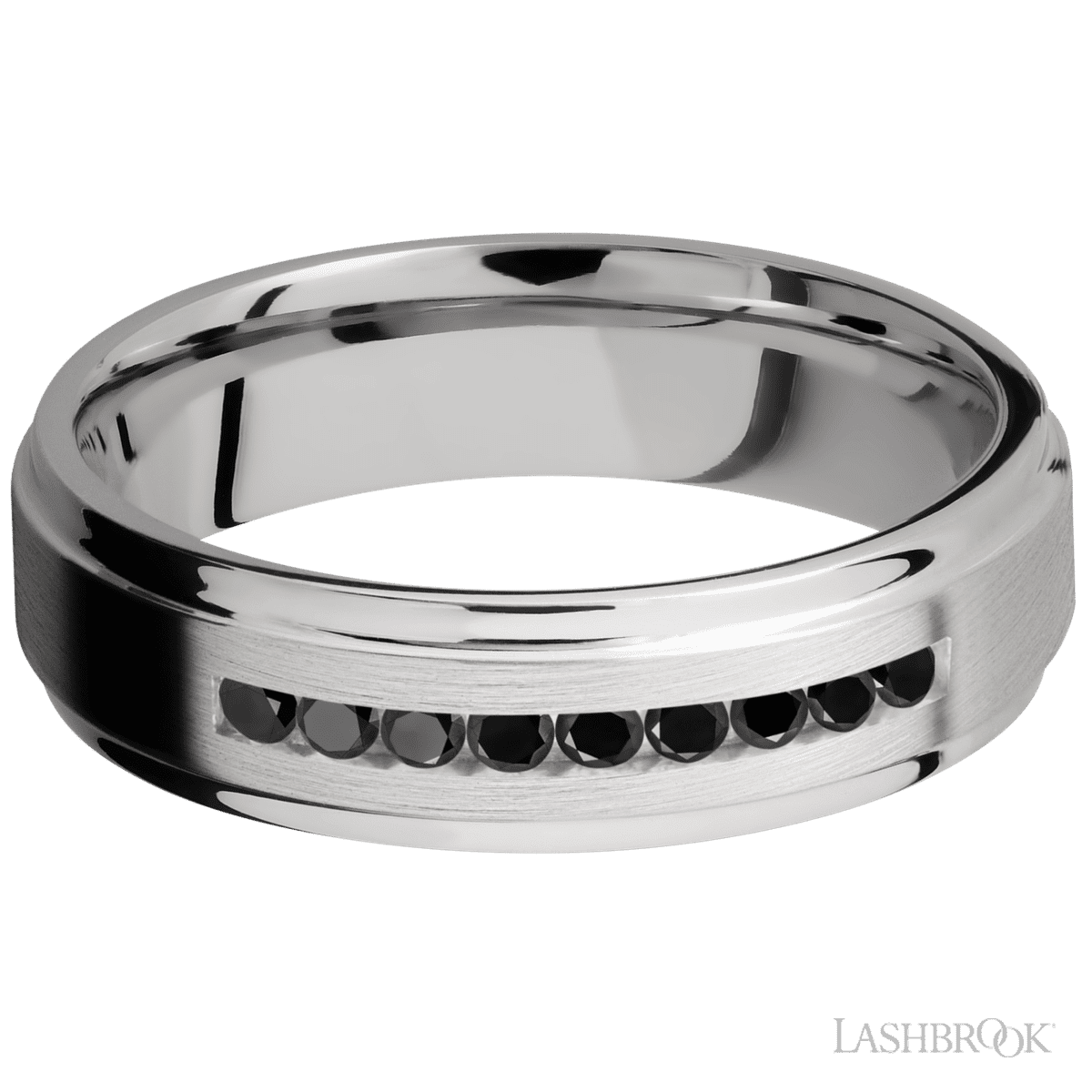 "6 mm wide/Flat Grooved Edges/Cobalt Chrome band with an  arrangement of 9, 03 carat Round Black Diamond stones in a Channel setting"