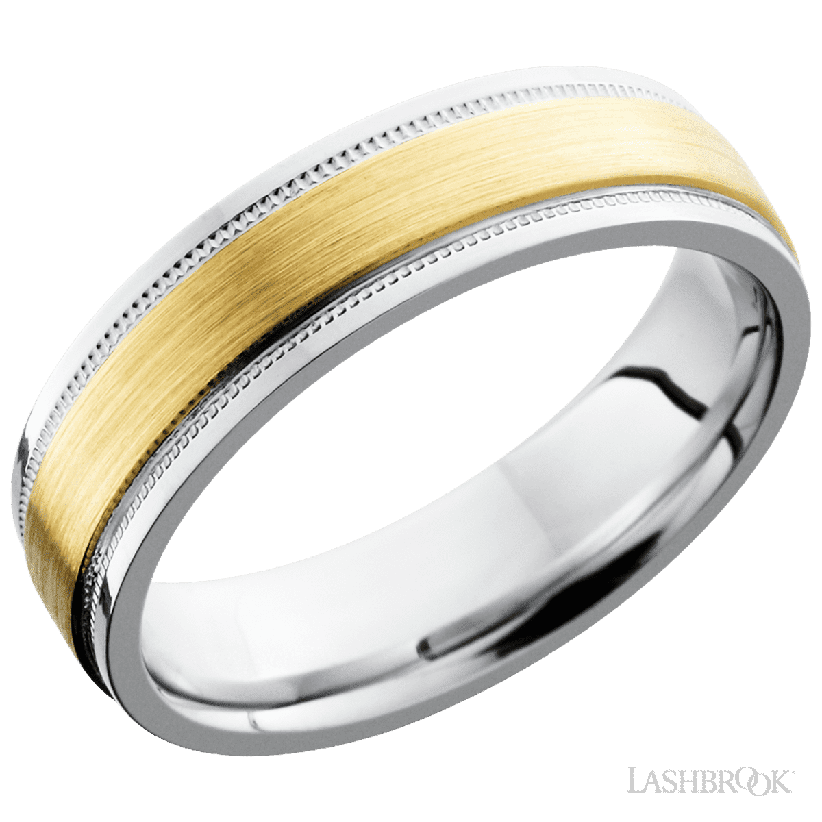 6 mm wide/Flat Stepped Edges Milgrain/Cobalt Chrome band with one 3 mm Raised Centered inlay of 14K Yellow Gold