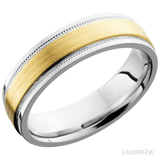 6 mm wide/Flat Stepped Edges Milgrain/Cobalt Chrome band with one 3 mm Raised Centered inlay of 14K Yellow Gold