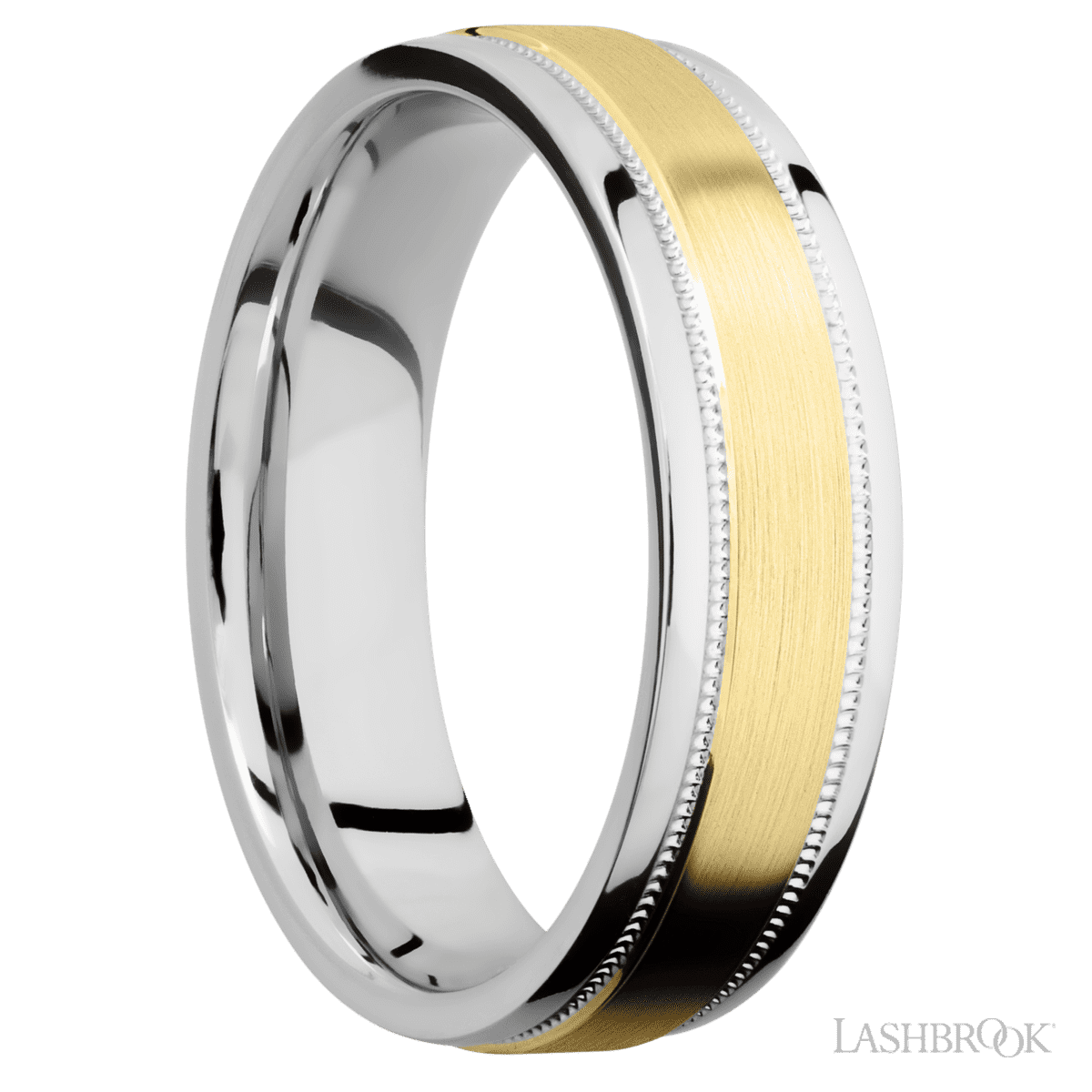 6 mm wide/Flat Stepped Edges Milgrain/Cobalt Chrome band with one 3 mm Raised Centered inlay of 14K Yellow Gold