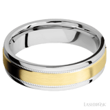 6 mm wide/Flat Stepped Edges Milgrain/Cobalt Chrome band with one 3 mm Raised Centered inlay of 14K Yellow Gold