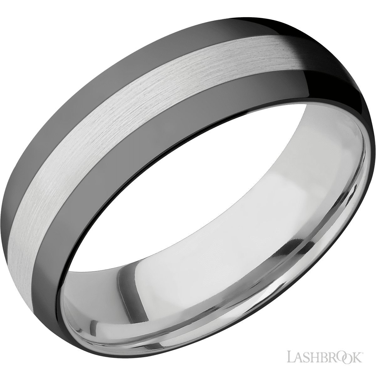 7 mm wide/Domed/Cobalt Chrome band with two 2 mm Double Off Center Edge inlays of Zirconium