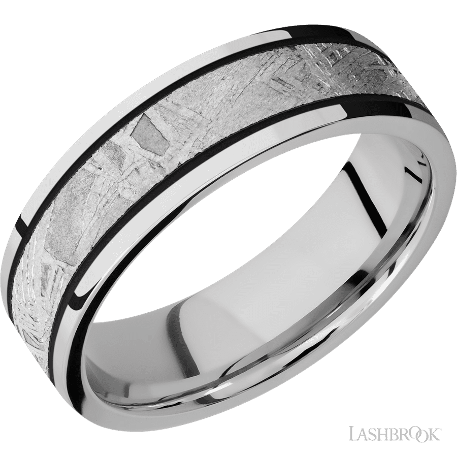 7 mm wide/Flat/Cobalt Chrome band with one 4 mm Centered inlay of Meteorite