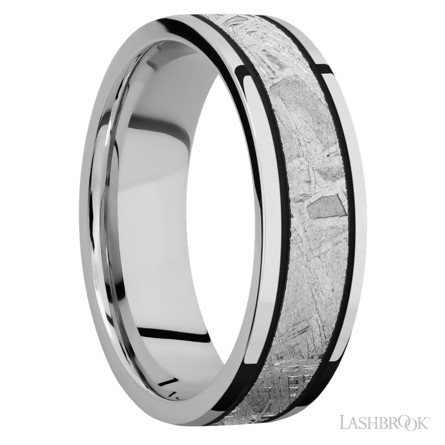7 mm wide/Flat/Cobalt Chrome band with one 4 mm Centered inlay of Meteorite