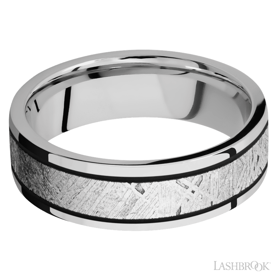 7 mm wide/Flat/Cobalt Chrome band with one 4 mm Centered inlay of Meteorite