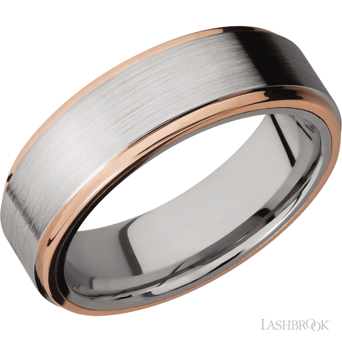 7 mm wide/Flat Grooved Edges/Cobalt Chrome band with two 1 mm Edge inlays of 14K Rose Gold