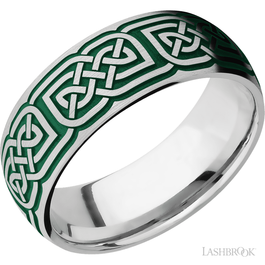 8 mm wide/Domed/Cobalt Chrome band with a laser carved Celtic 17 pattern