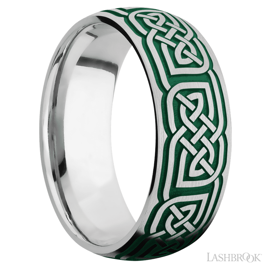 8 mm wide/Domed/Cobalt Chrome band with a laser carved Celtic 17 pattern