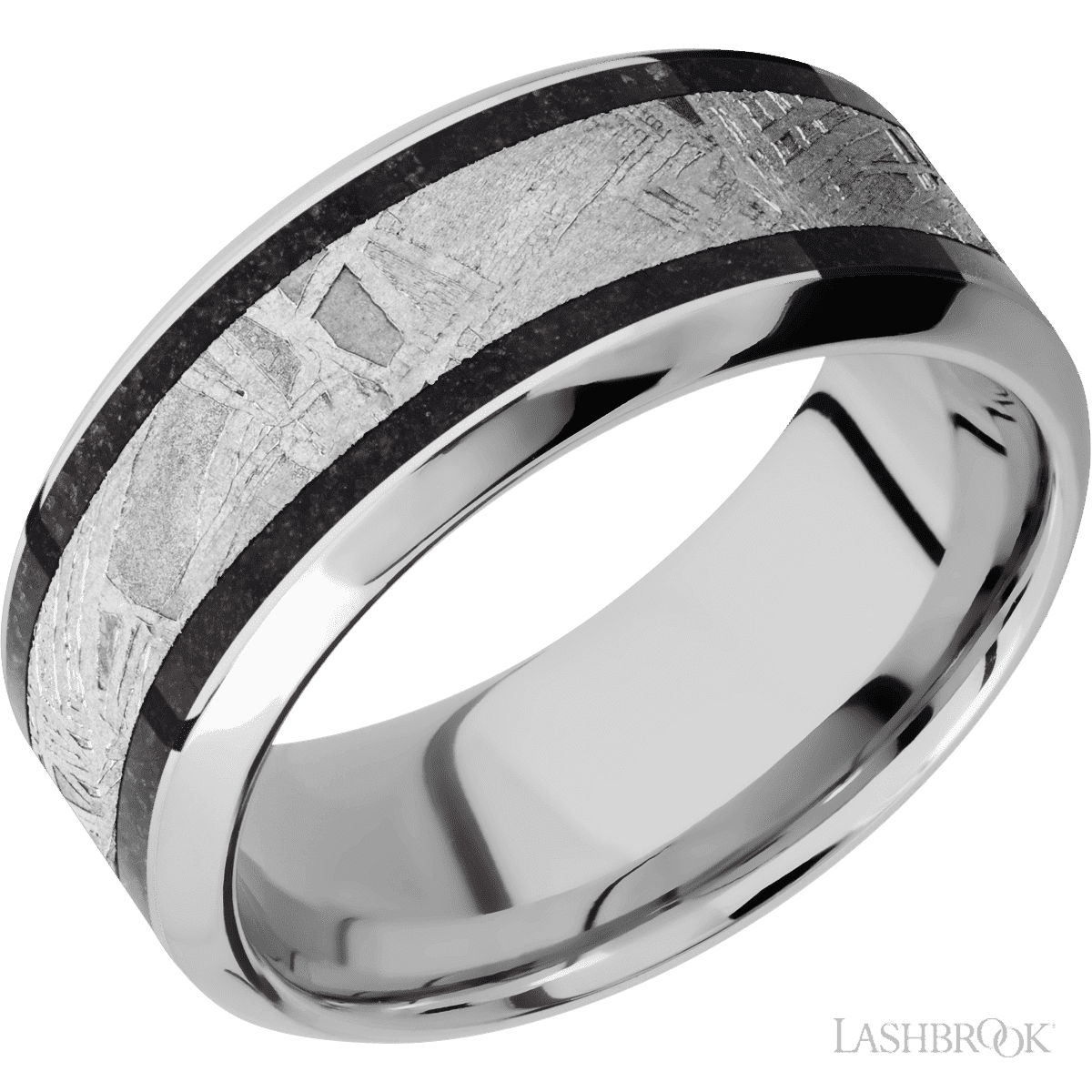 9 mm wide/High Bevel/Cobalt Chrome band featuring inlays of Dinosaur Bone Black and Meteorite
