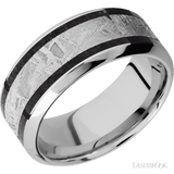 9 mm wide/High Bevel/Cobalt Chrome band featuring inlays of Dinosaur Bone Black and Meteorite