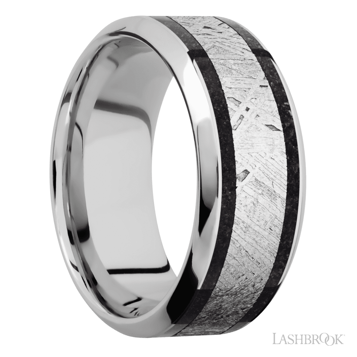 9 mm wide/High Bevel/Cobalt Chrome band featuring inlays of Dinosaur Bone Black and Meteorite