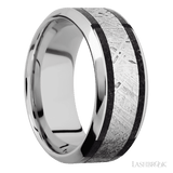 9 mm wide/High Bevel/Cobalt Chrome band featuring inlays of Dinosaur Bone Black and Meteorite