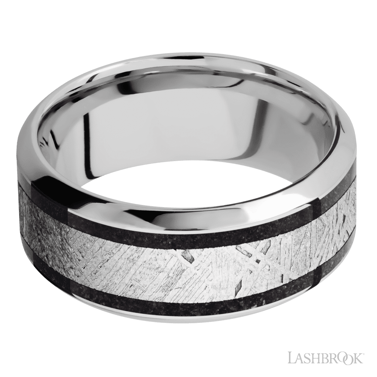 9 mm wide/High Bevel/Cobalt Chrome band featuring inlays of Dinosaur Bone Black and Meteorite